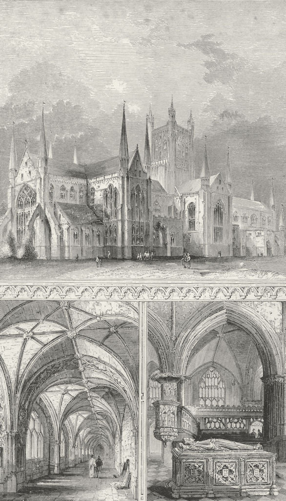 WORCESTER. Cathedral. Cloisters; King John's Monument 1845 old antique print